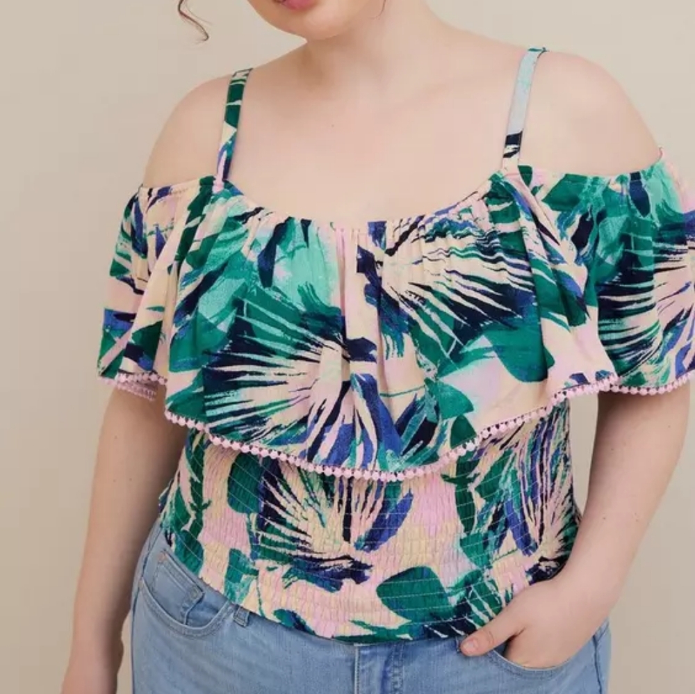 Torrid | Crinkle Gauze Cold Shoulder Ruffle Top in Palm Print